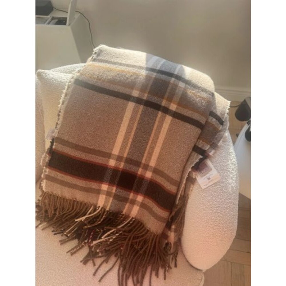 ETRO Milano Wool Blanket Throw Plaid Beige Brown Black Fringe 55x65" NWT